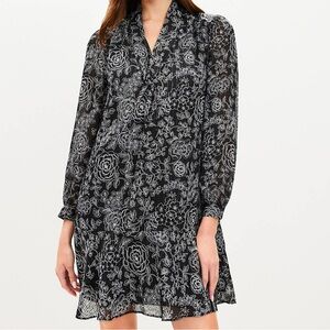 NWT LOFT Etched Floral Bow Flounce Black and Silver Dress SP